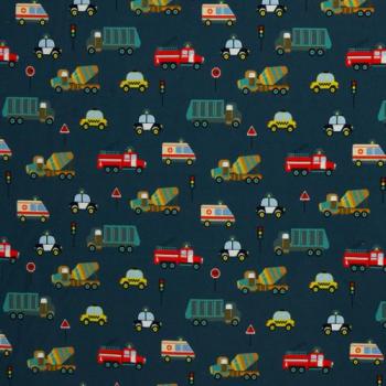 Baumwolljersey Baufahrzeuge auf Jeansblau by Swafing